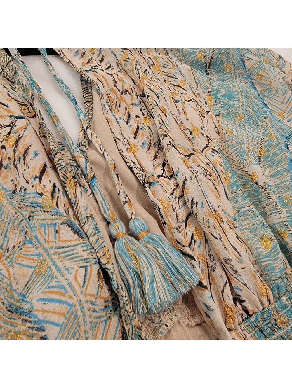 Lovestitch Boho Mini Dress Open Back Gold Foil Split Sleeve Smocked Blue M